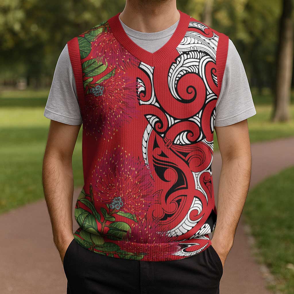 Personalised New Zealand Koru Pohutukawa Christmas Knitted V-Neck Vest Meri Kirihimete Aroha for Christmas - Aussie Hoodie