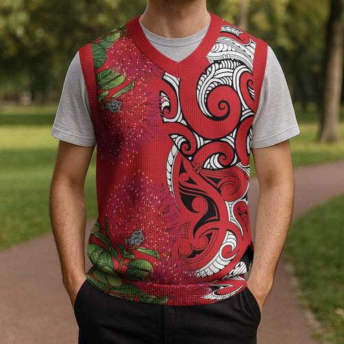 Personalised New Zealand Koru Pohutukawa Christmas Knitted V-Neck Vest Meri Kirihimete Aroha for Christmas - Aussie Hoodie