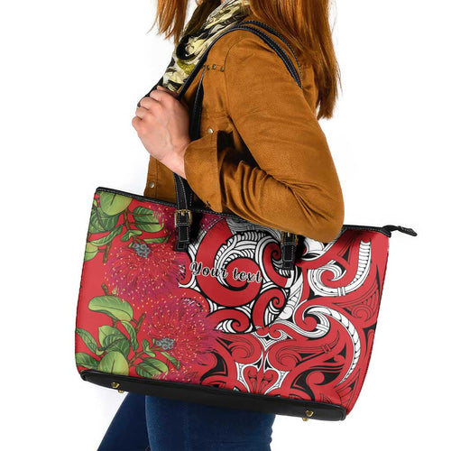 Personalised New Zealand Koru Pohutukawa Leather Tote Bag Meri Kirihimete Aroha for Christmas - Aussie Hoodie
