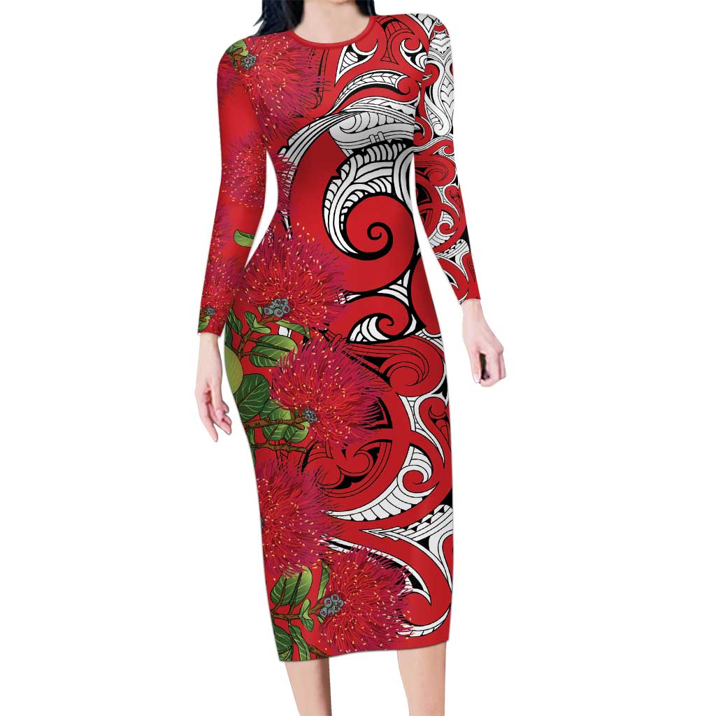 Personalised New Zealand Koru Pohutukawa Long Sleeve Bodycon Dress Meri Kirihimete Aroha for Christmas - Aussie Hoodie