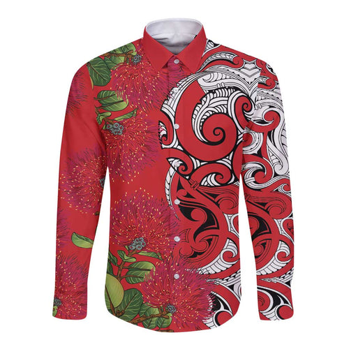 Personalised New Zealand Koru Pohutukawa Long Sleeve Button Shirt Meri Kirihimete Aroha for Christmas - Aussie Hoodie