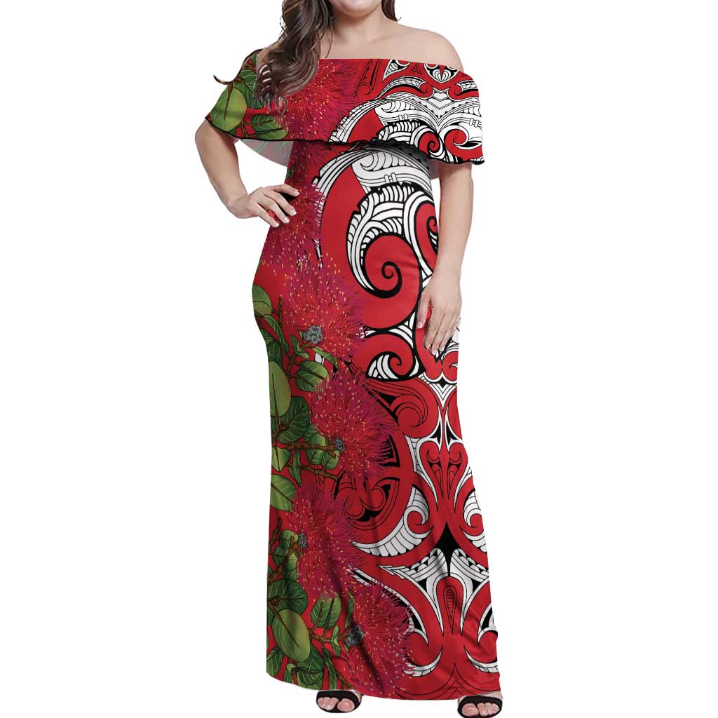 Personalised New Zealand Koru Pohutukawa Off Shoulder Maxi Dress Meri Kirihimete Aroha for Christmas - Aussie Hoodie