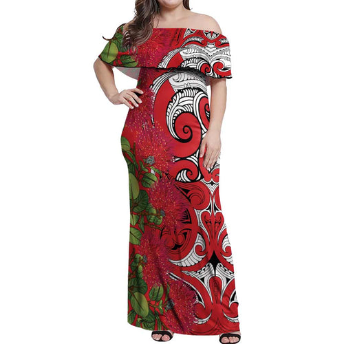 Personalised New Zealand Koru Pohutukawa Off Shoulder Maxi Dress Meri Kirihimete Aroha for Christmas - Aussie Hoodie