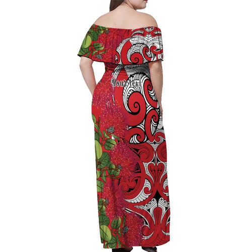 Personalised New Zealand Koru Pohutukawa Off Shoulder Maxi Dress Meri Kirihimete Aroha for Christmas - Aussie Hoodie