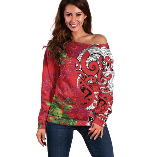 Personalised New Zealand Koru Pohutukawa Off Shoulder Sweater Meri Kirihimete Aroha for Christmas - Aussie Hoodie