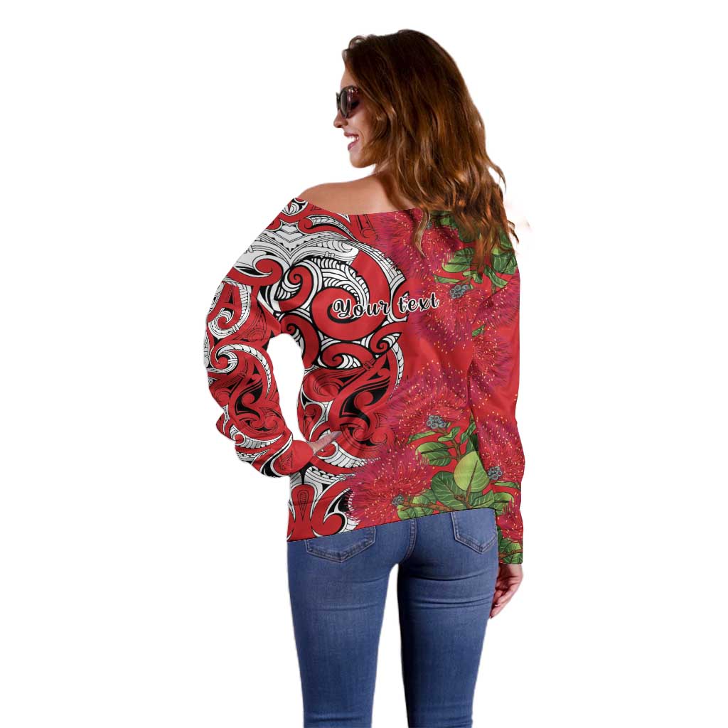 Personalised New Zealand Koru Pohutukawa Off Shoulder Sweater Meri Kirihimete Aroha for Christmas - Aussie Hoodie