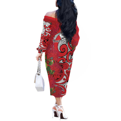 Personalised New Zealand Koru Pohutukawa Off The Shoulder Long Sleeve Dress Meri Kirihimete Aroha for Christmas - Aussie Hoodie