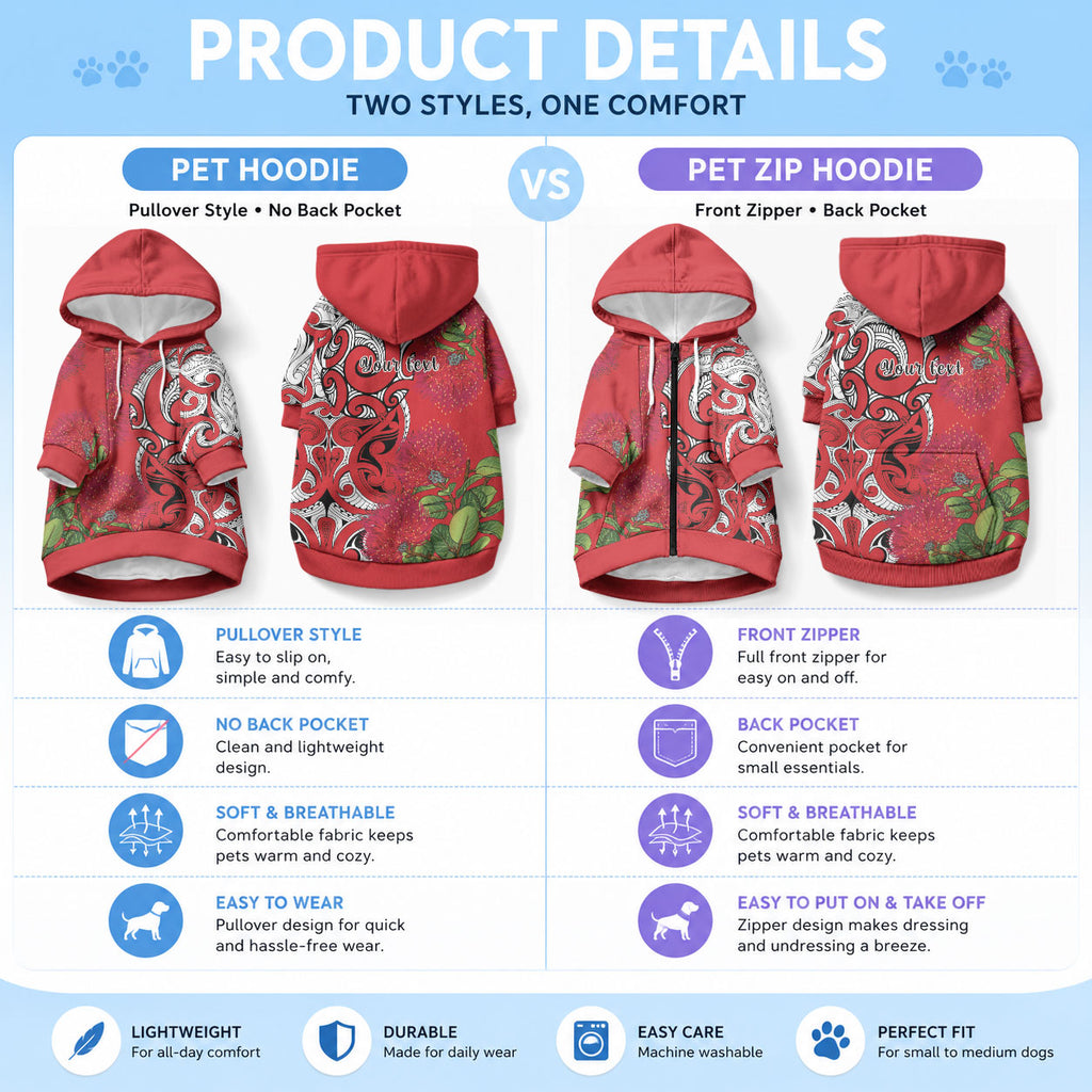 Personalised New Zealand Koru Pohutukawa Pet Hoodie Meri Kirihimete Aroha for Christmas