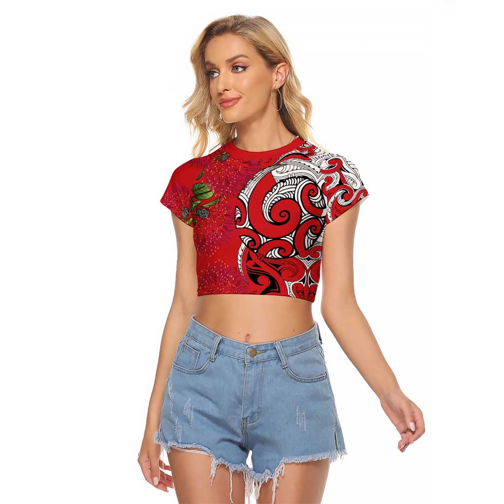 Personalised New Zealand Koru Pohutukawa Raglan Cropped T Shirt Meri Kirihimete Aroha for Christmas - Aussie Hoodie