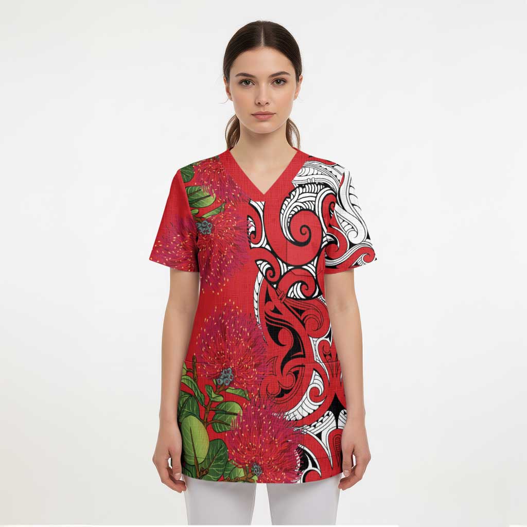 Personalised New Zealand Koru Pohutukawa Scrub Top Meri Kirihimete Aroha for Christmas - Aussie Hoodie