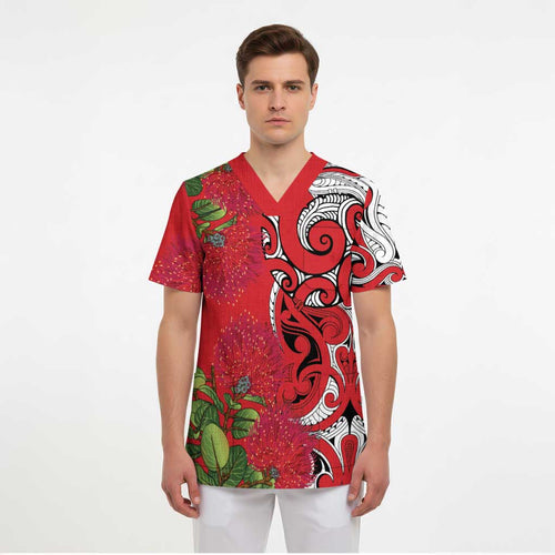 Personalised New Zealand Koru Pohutukawa Scrub Top Meri Kirihimete Aroha for Christmas - Aussie Hoodie