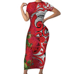 Personalised New Zealand Koru Pohutukawa Short Sleeve Bodycon Dress Meri Kirihimete Aroha for Christmas - Aussie Hoodie