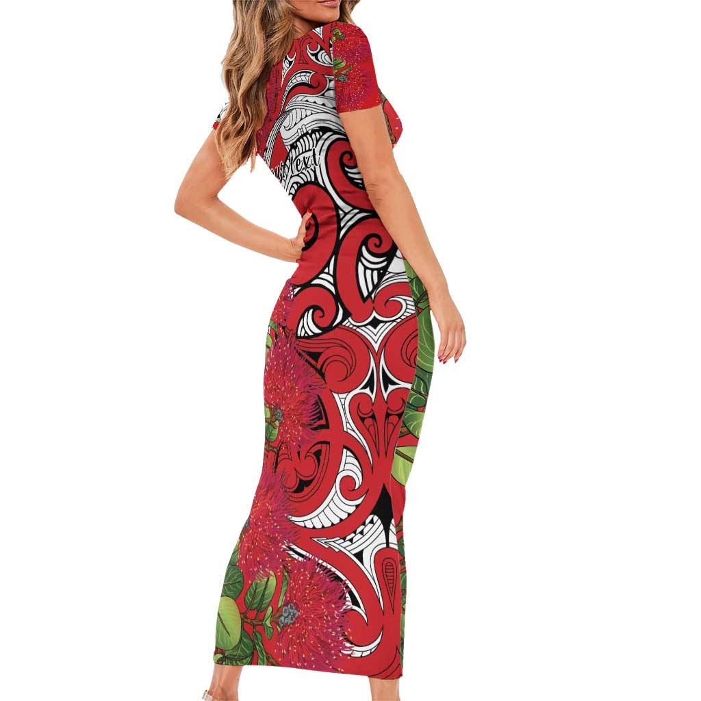 Personalised New Zealand Koru Pohutukawa Short Sleeve Bodycon Dress Meri Kirihimete Aroha for Christmas - Aussie Hoodie