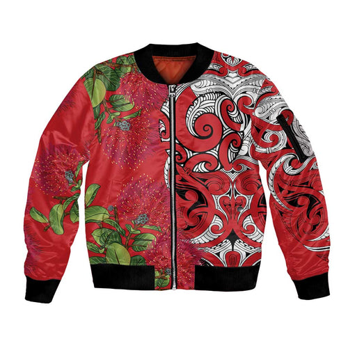 Personalised New Zealand Koru Pohutukawa Sleeve Zip Bomber Jacket Meri Kirihimete Aroha for Christmas - Aussie Hoodie