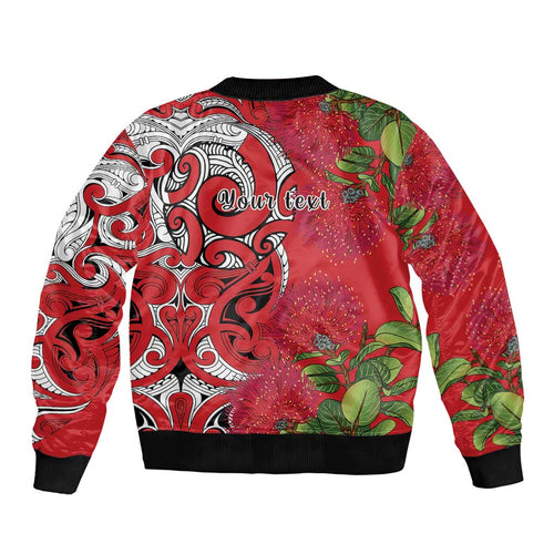 Personalised New Zealand Koru Pohutukawa Sleeve Zip Bomber Jacket Meri Kirihimete Aroha for Christmas - Aussie Hoodie