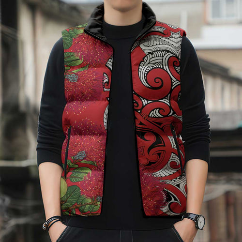 Personalised New Zealand Koru Pohutukawa Sleeveless Puffer Jacket Meri Kirihimete Aroha for Christmas - Aussie Hoodie