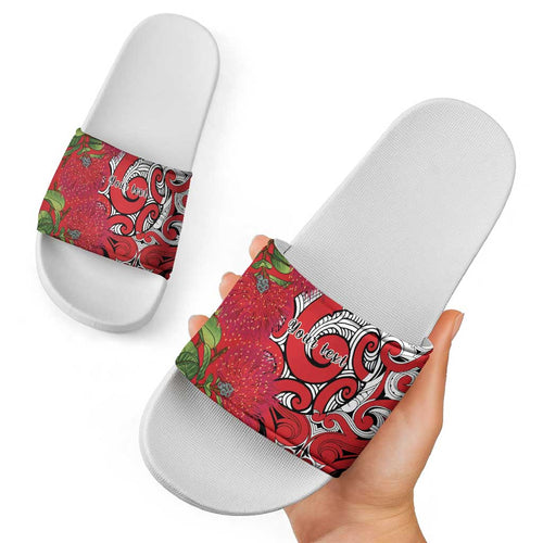 Personalised New Zealand Koru Pohutukawa Slide Sandals Meri Kirihimete Aroha for Christmas - Aussie Hoodie