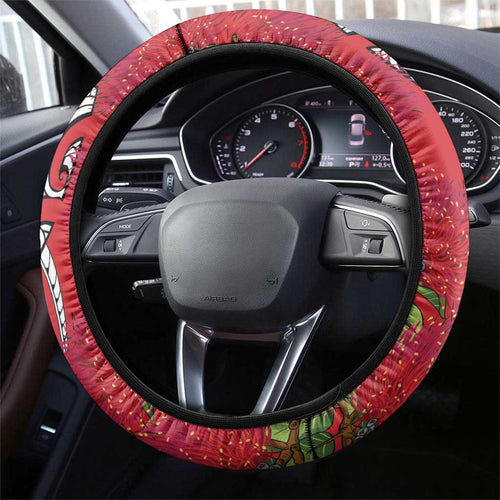 New Zealand Koru Pohutukawa Steering Wheel Cover Meri Kirihimete Aroha for Christmas - Aussie Hoodie