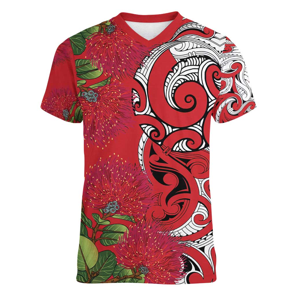 Personalised New Zealand Koru Pohutukawa Women V-Neck T-Shirt Meri Kirihimete Aroha for Christmas - Aussie Hoodie