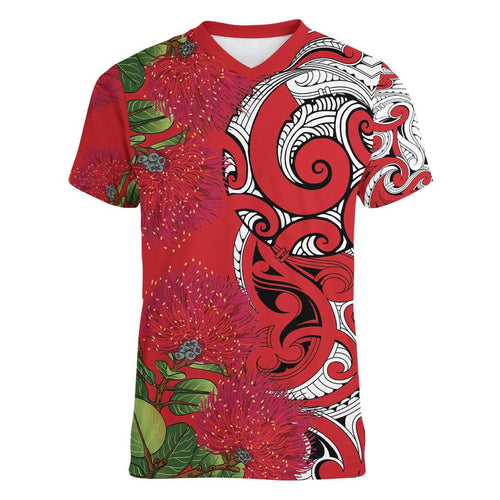 Personalised New Zealand Koru Pohutukawa Women V-Neck T-Shirt Meri Kirihimete Aroha for Christmas - Aussie Hoodie