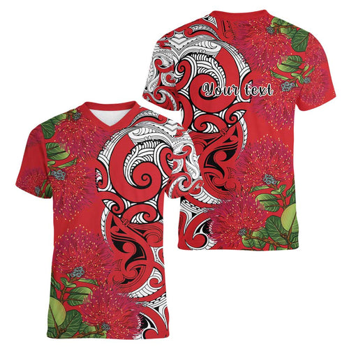 Personalised New Zealand Koru Pohutukawa Women V-Neck T-Shirt Meri Kirihimete Aroha for Christmas - Aussie Hoodie