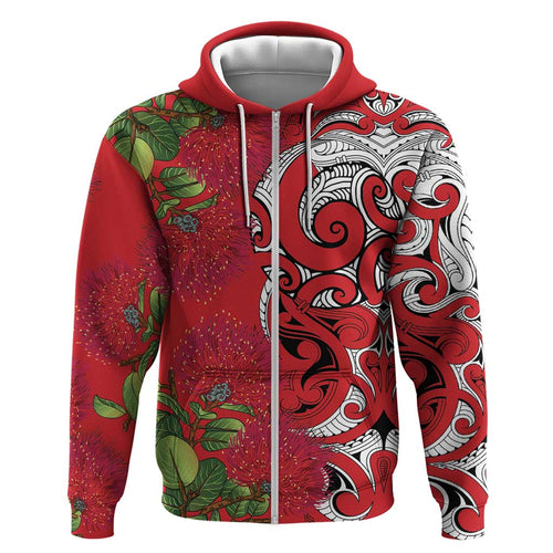 Personalised New Zealand Koru Pohutukawa Zip Hoodie Meri Kirihimete Aroha for Christmas - Aussie Hoodie