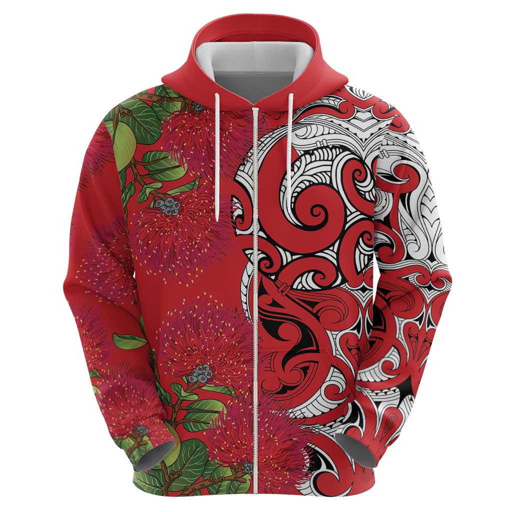Personalised New Zealand Koru Pohutukawa Zip Hoodie Meri Kirihimete Aroha for Christmas - Aussie Hoodie