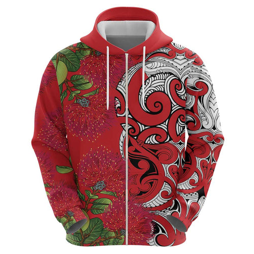 Personalised New Zealand Koru Pohutukawa Zip Hoodie Meri Kirihimete Aroha for Christmas - Aussie Hoodie