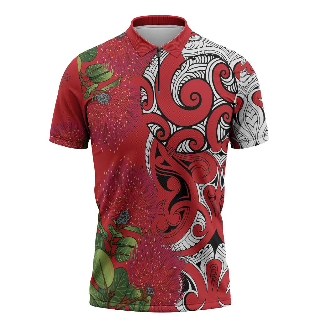 Personalised New Zealand Koru Pohutukawa Zipper Polo Shirt Meri Kirihimete Aroha for Christmas - Aussie Hoodie