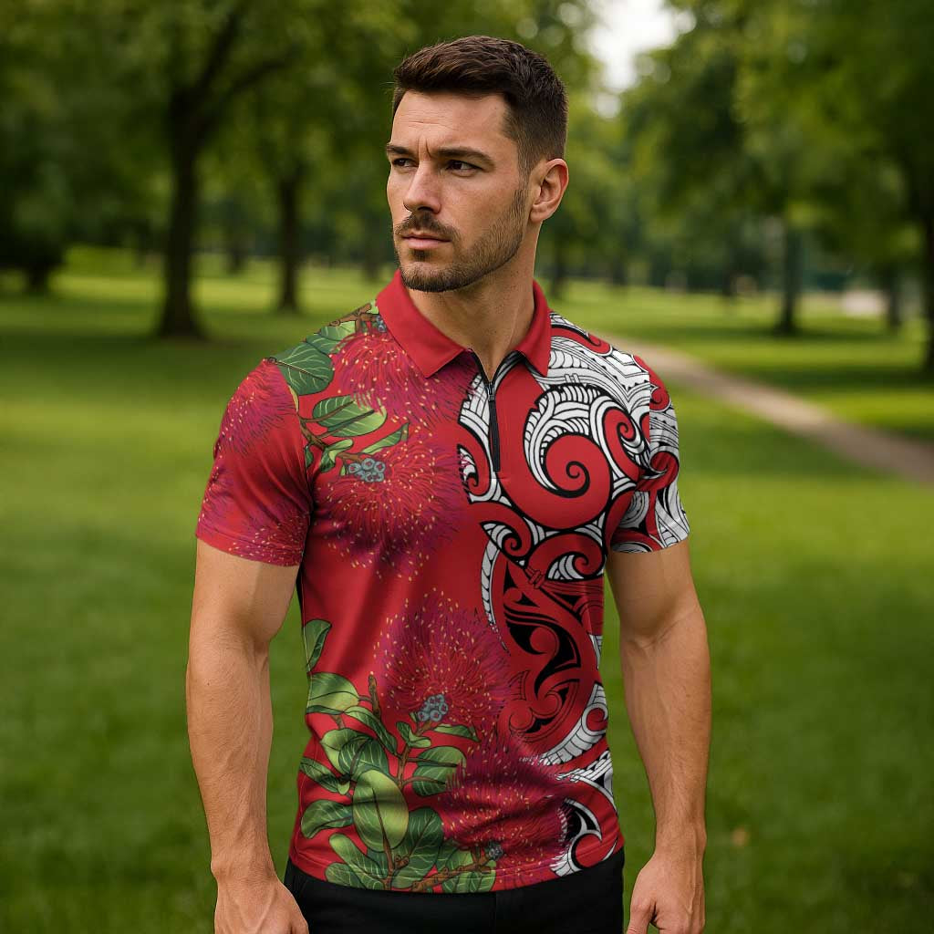 Personalised New Zealand Koru Pohutukawa Zipper Polo Shirt Meri Kirihimete Aroha for Christmas - Aussie Hoodie