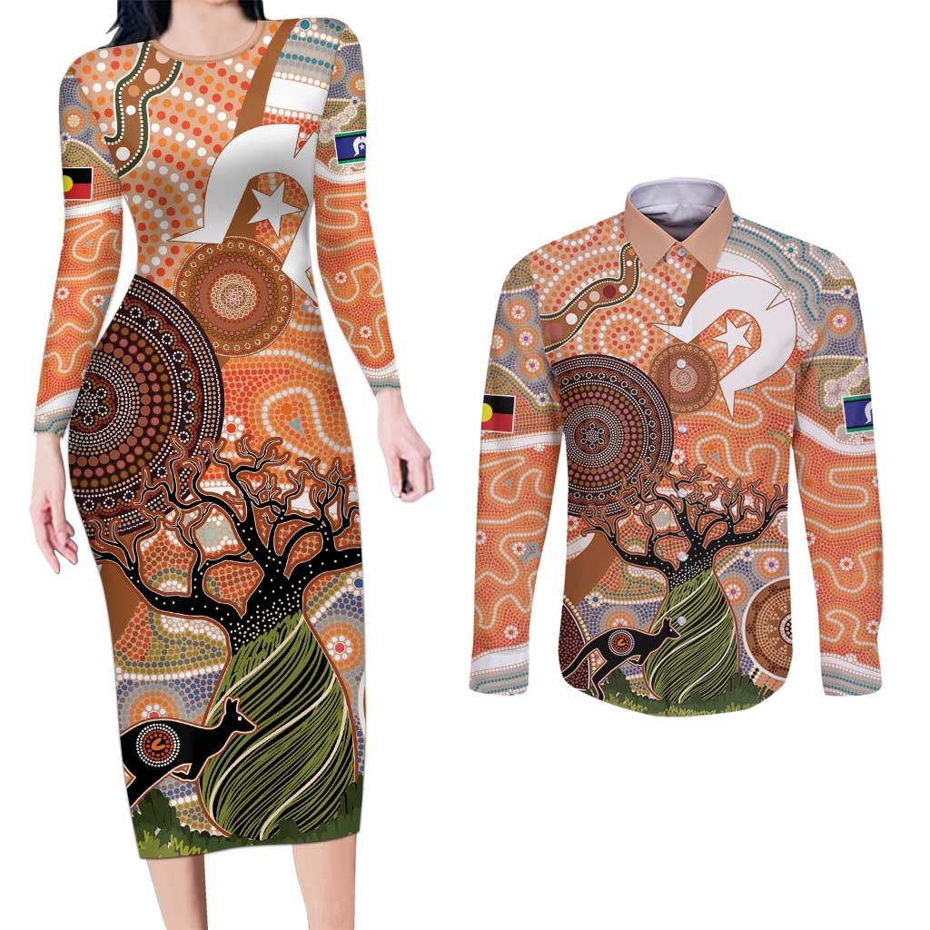 Aboriginal-Islanders NAIDOC Week Personalised Couples Matching Long Sleeve Bodycon Dress and Long Sleeve Button Shirt Aboriginal Indigenous Art