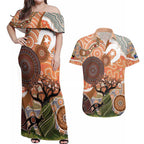 Aboriginal-Islanders NAIDOC Week Personalised Couples Matching Off Shoulder Maxi Dress and Hawaiian Shirt Aboriginal Indigenous Art