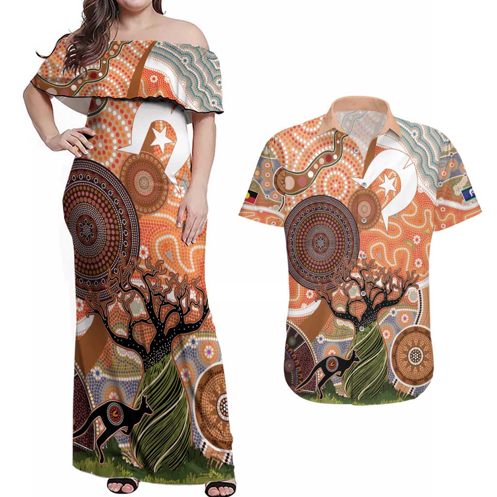 Aboriginal-Islanders NAIDOC Week Personalised Couples Matching Off Shoulder Maxi Dress and Hawaiian Shirt Aboriginal Indigenous Art