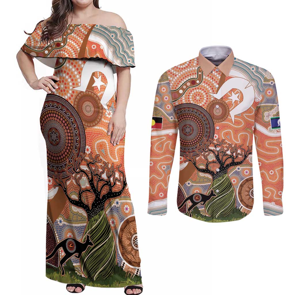 Aboriginal-Islanders NAIDOC Week Personalised Couples Matching Off Shoulder Maxi Dress and Long Sleeve Button Shirt Aboriginal Indigenous Art