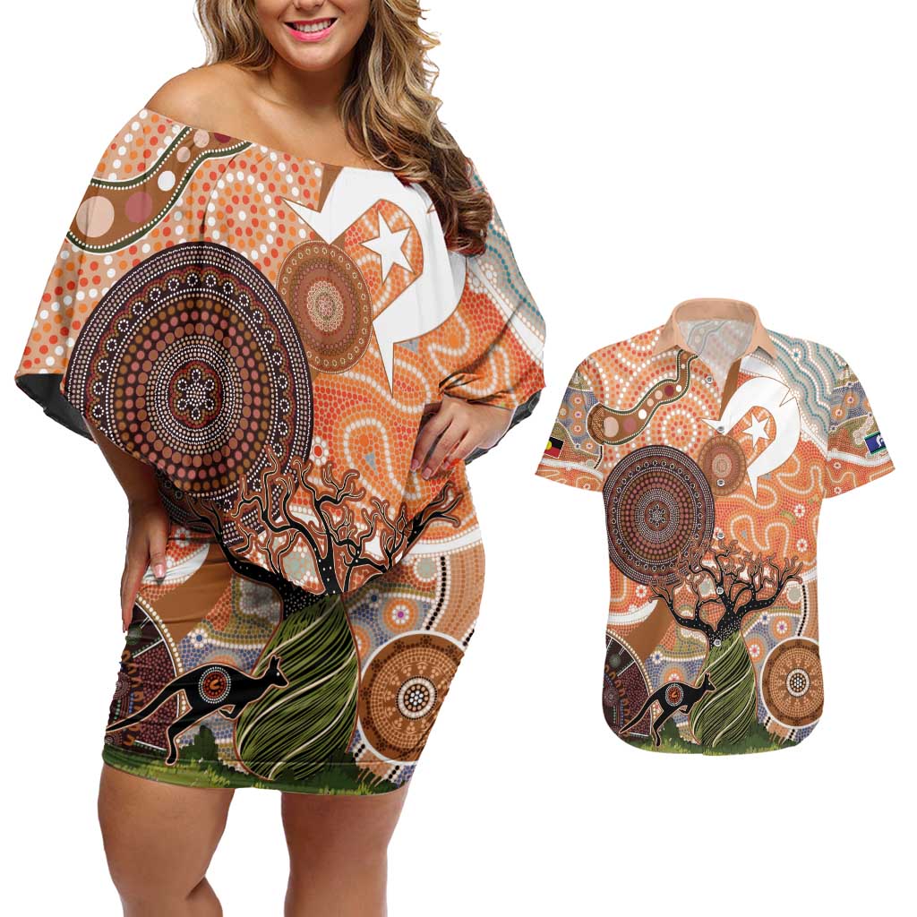 Aboriginal-Islanders NAIDOC Week Personalised Couples Matching Off Shoulder Short Dress and Hawaiian Shirt Aboriginal Indigenous Art