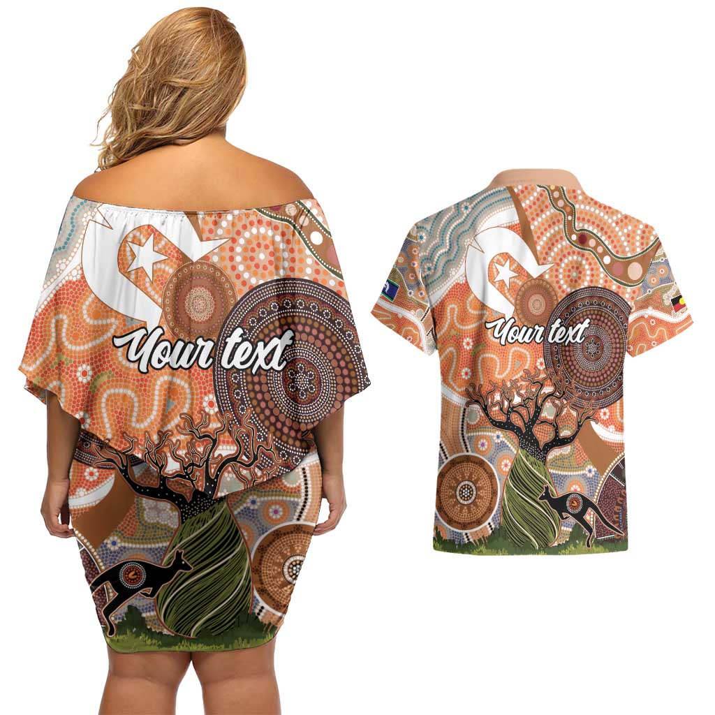 Aboriginal-Islanders NAIDOC Week Personalised Couples Matching Off Shoulder Short Dress and Hawaiian Shirt Aboriginal Indigenous Art