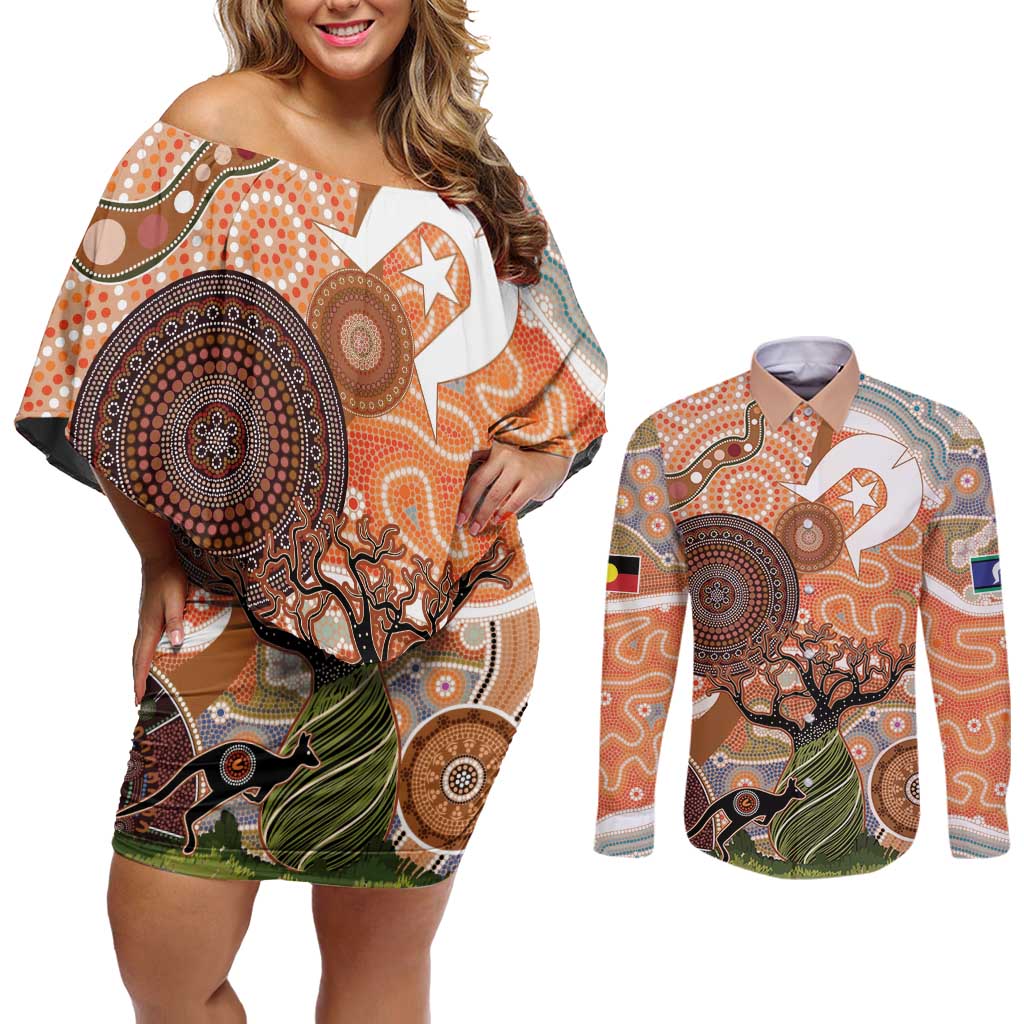Aboriginal-Islanders NAIDOC Week Personalised Couples Matching Off Shoulder Short Dress and Long Sleeve Button Shirt Aboriginal Indigenous Art