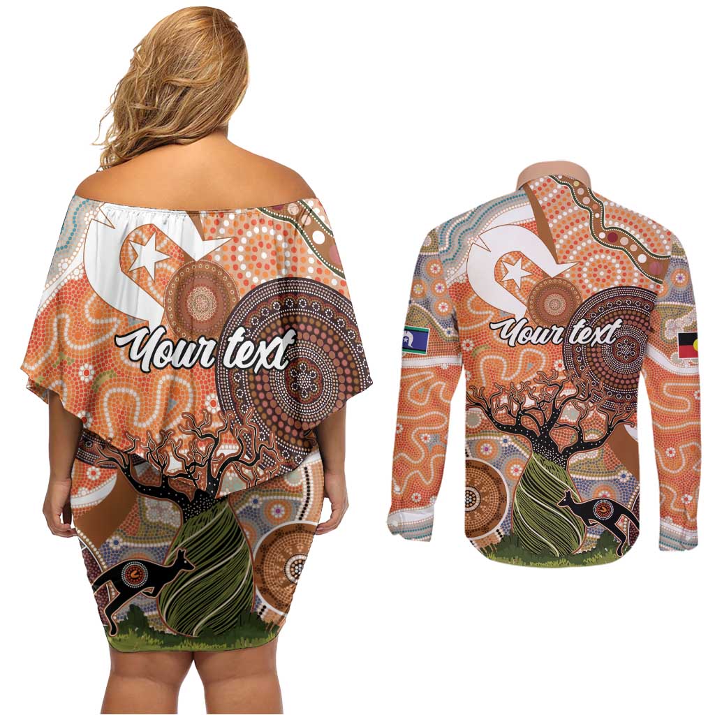 Aboriginal-Islanders NAIDOC Week Personalised Couples Matching Off Shoulder Short Dress and Long Sleeve Button Shirt Aboriginal Indigenous Art