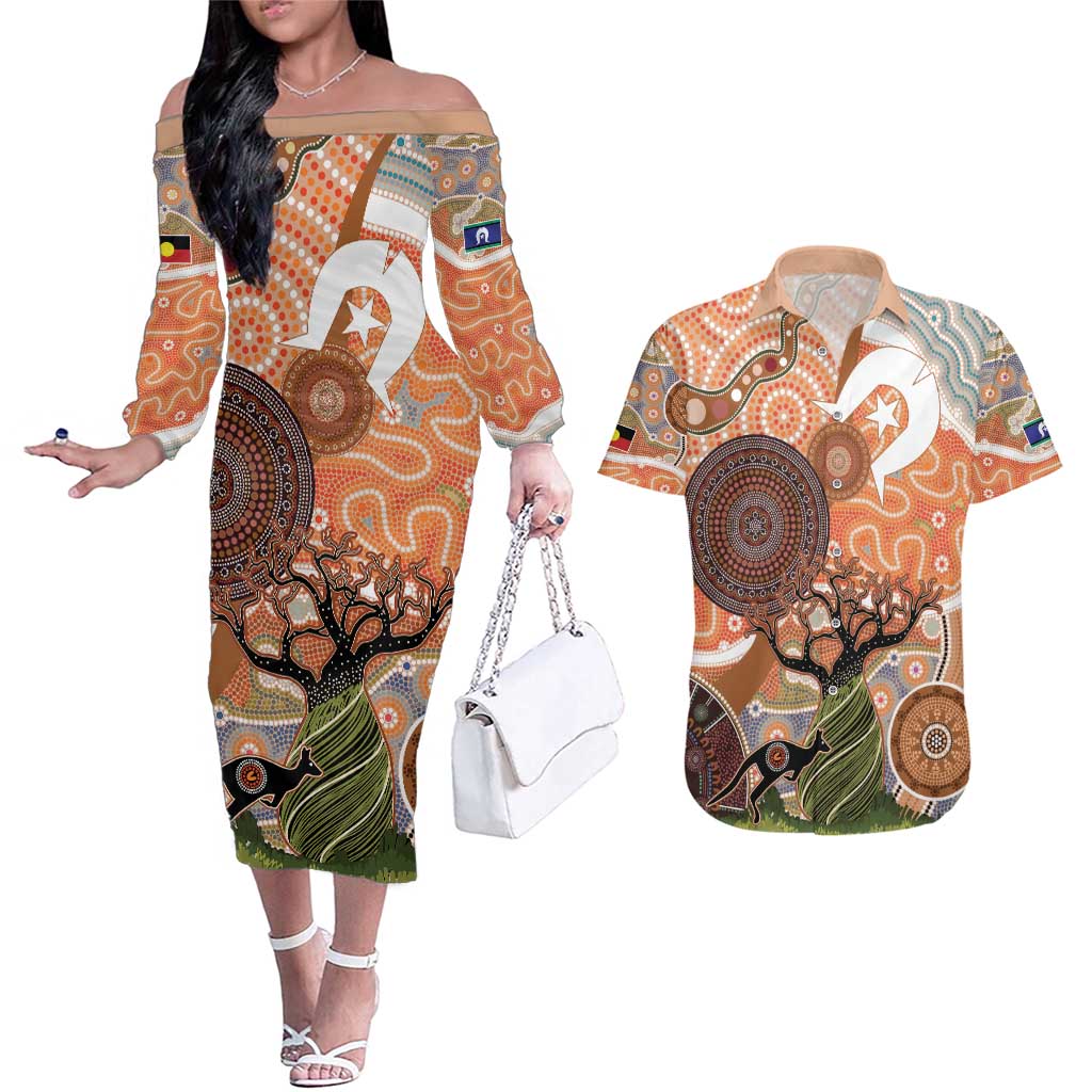 Aboriginal-Islanders NAIDOC Week Personalised Couples Matching Off The Shoulder Long Sleeve Dress and Hawaiian Shirt Aboriginal Indigenous Art