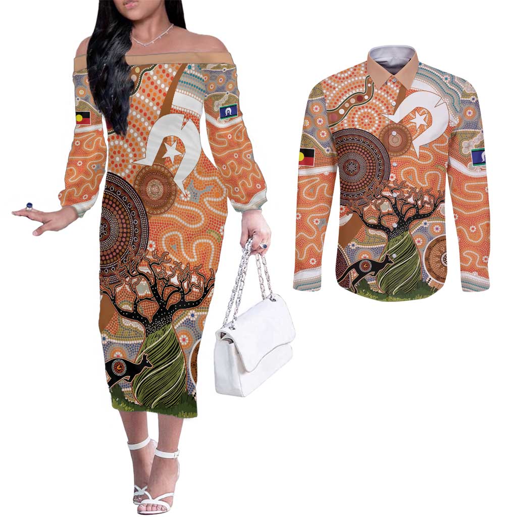 Aboriginal-Islanders NAIDOC Week Personalised Couples Matching Off The Shoulder Long Sleeve Dress and Long Sleeve Button Shirt Aboriginal Indigenous Art
