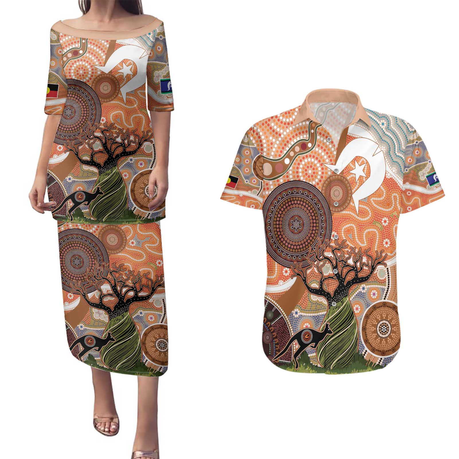 Aboriginal-Islanders NAIDOC Week Personalised Couples Matching Puletasi and Hawaiian Shirt Aboriginal Indigenous Art