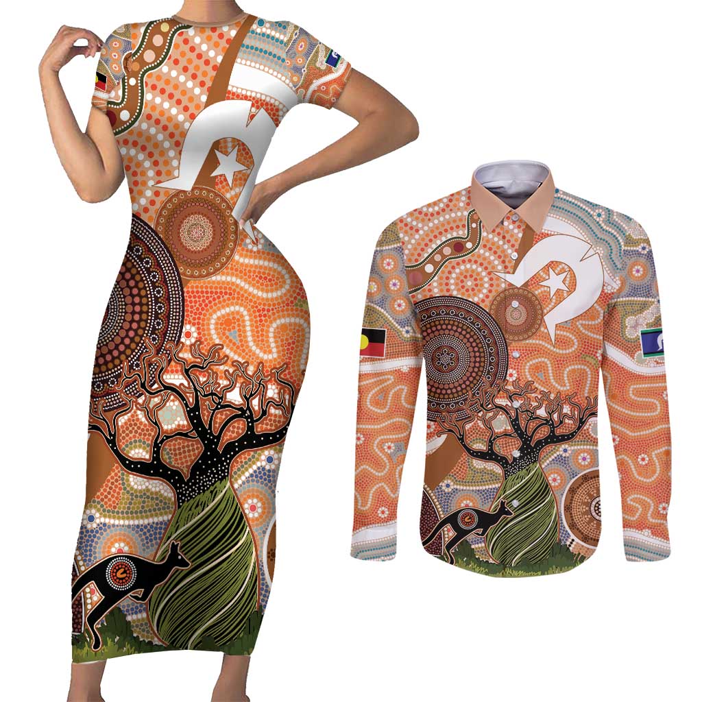 Aboriginal-Islanders NAIDOC Week Personalised Couples Matching Short Sleeve Bodycon Dress and Long Sleeve Button Shirt Aboriginal Indigenous Art