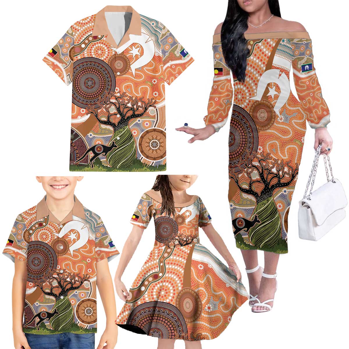 Aboriginal-Islanders NAIDOC Week Personalised Family Matching Off The Shoulder Long Sleeve Dress and Hawaiian Shirt Aboriginal Indigenous Art