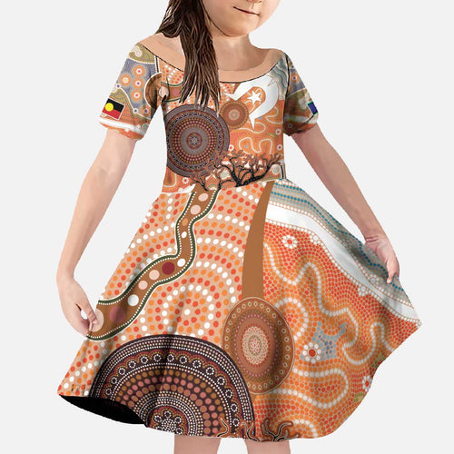 Aboriginal-Islanders NAIDOC Week Personalised Family Matching Off The Shoulder Long Sleeve Dress and Hawaiian Shirt Aboriginal Indigenous Art