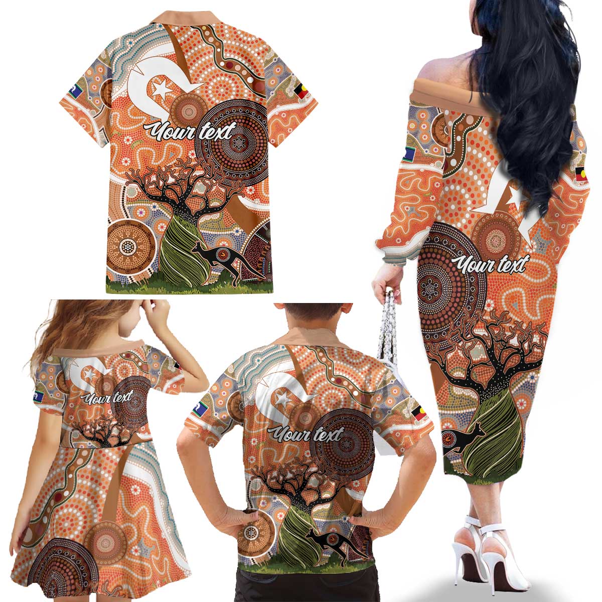 Aboriginal-Islanders NAIDOC Week Personalised Family Matching Off The Shoulder Long Sleeve Dress and Hawaiian Shirt Aboriginal Indigenous Art