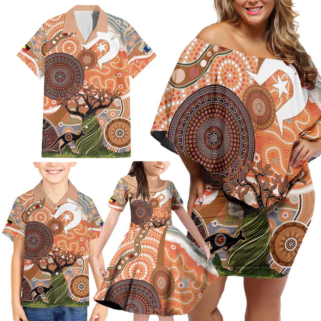 Aboriginal-Islanders NAIDOC Week Personalised Family Matching Off Shoulder Short Dress and Hawaiian Shirt Aboriginal Indigenous Art