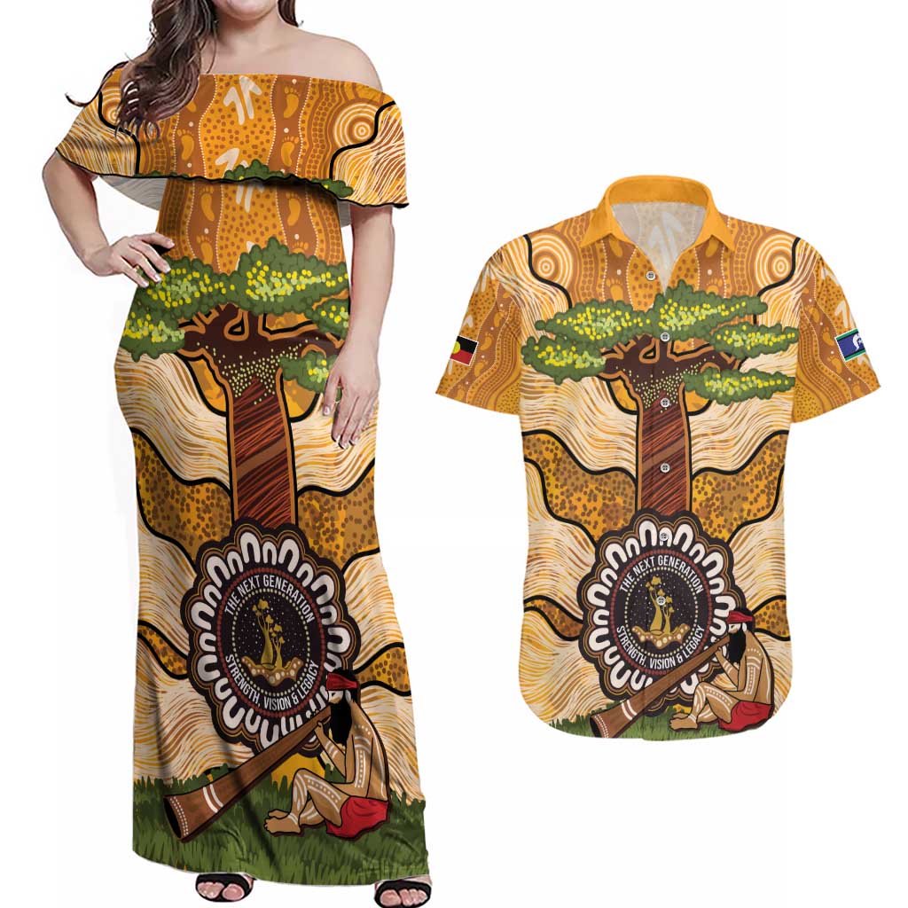 Aboriginal-Islanders NAIDOC Week Personalised Couples Matching Off Shoulder Maxi Dress and Hawaiian Shirt Boab Tree Indigenous Art