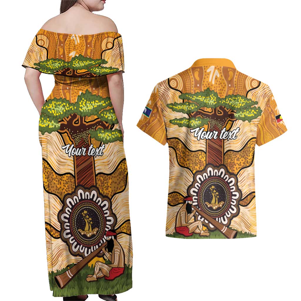 Aboriginal-Islanders NAIDOC Week Personalised Couples Matching Off Shoulder Maxi Dress and Hawaiian Shirt Boab Tree Indigenous Art