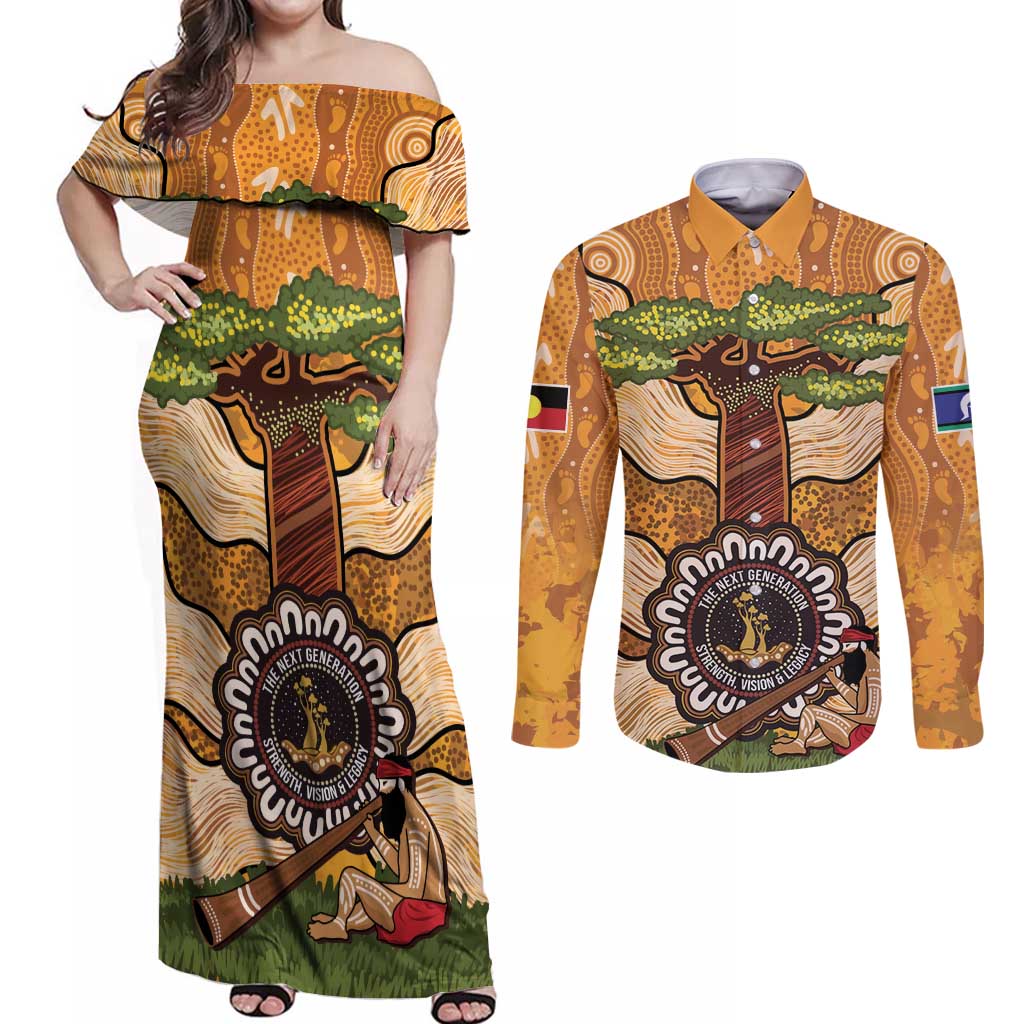 Aboriginal-Islanders NAIDOC Week Personalised Couples Matching Off Shoulder Maxi Dress and Long Sleeve Button Shirt Boab Tree Indigenous Art
