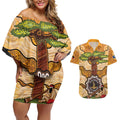 Aboriginal-Islanders NAIDOC Week Personalised Couples Matching Off Shoulder Short Dress and Hawaiian Shirt Boab Tree Indigenous Art